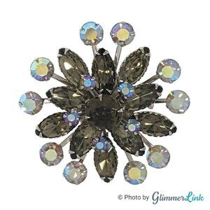 Vintage Aurora Borealis AB & Smoky Gray Rhinestones Layered Silver Tone Brooch